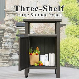 Portable Outdoor BBQ Grill Cart <b>with</b> Storage <b>Wheels</b> Whole Metal <b>Table</b> Cabinet for Deck Patio Backyard-Brown - Product Image 2