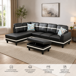 Ensemble de canapés en cuir de luxe de style moderne, sectionnel en L pour chambre à coucher, avec accoudoirs carrés et dossier capitonné, mobilier de salon écologique - Product Image 1