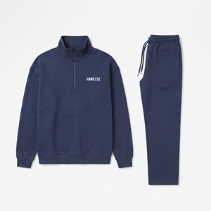 Ensemble de survêtement deux pièces pour homme, bleu, respirant, grande taille, demi-zip, en molleton épais, style streetwear, design minimaliste - Product Image 6