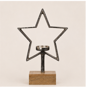 Rustic Metal Star Candle Holder Solid Mango Wood Base Industrial Style Decorative Iron Tealight <b>Stand</b> For Farmhouse Home Decor - Product Image 5