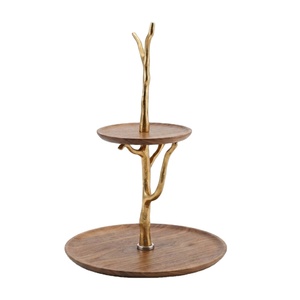 2-Tier Acacia Wood Cake Stand With Gold <b>Cast</b> Aluminum Branch Handle Nature-Inspired Tiered Dessert Display & Serving Tray - Product Image 1