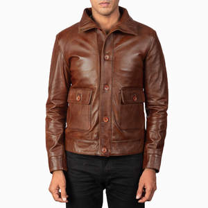 Men's Brown Genuine Leather Jacket Turn-down Collar Zipper Closure Casual Autumn Wear Regular Fit Solid Color Waterproof - Product Image 6