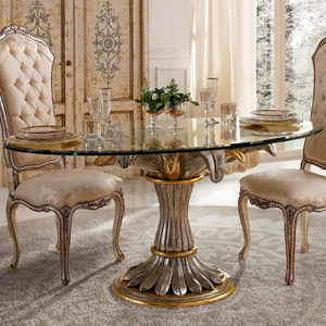 Juego de Comedor Redondo de Madera de Caoba de Estilo Europeo Antiguo de Lujo con Cubierta de Vidrio, Muebles de Comedor de Lujo para Interiores de Villas y Hoteles - Product Image 2