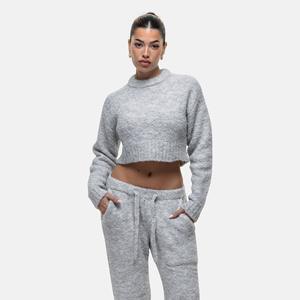 Suéter corto de punto con cuello alto gris para mujer, top informal de manga larga para otoño - Product Image 3