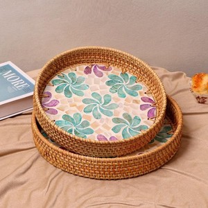 Handmade Rattan <b>Serving</b> <b>Tray</b> with Mother of Pearl Inlay Elegant <b>Round</b> <b>Serving</b> <b>Tray</b> for Home & Hotel Use made in Vietnam - Product Image 4