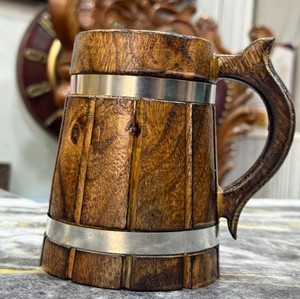 Handcrafted Wooden Beer <b>Mug</b> With Stainless Steel Bands Vintage Barrel Style Classic Tankard With Handle Reusable Drinkware - Product Image 6
