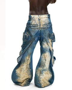 Jean en denim pour homme en coton de haute qualité, coupe large, style streetwear hip-hop, avec broderie, fermetures éclair et œillets, effet délavé vintage, personnalisable OEM ODM - Product Image 1