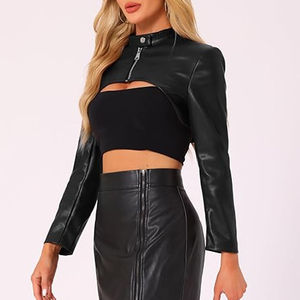 Chaquetas de Cuero con Cierre para Mujer, Moda Otoño Invierno, Precio Económico al por Mayor, Manga Corta, Cuello Alto, Logotipo Personalizado - Product Image 3