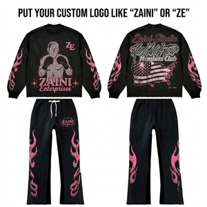 Ensemble de survêtement en molleton de coton noir pour homme, 320 GSM, imprimé flamme rose, logo personnalisé, haut à capuche et pantalon assorti, style streetwear haut de gamme - Product Image 1