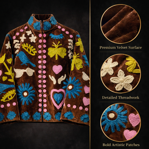 Chaqueta de terciopelo bordada a mano para mujer, estilo bohemio étnico, cuello alto, prenda exterior. - Product Image 6