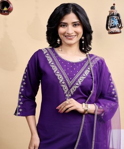 Ensemble haut et bas en coton brodé fantaisie avec dupatta, tenue de fête, prix de gros, vêtement ethnique, violet - Product Image 3