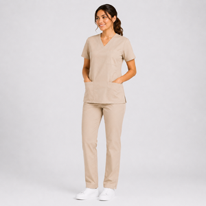 Conjunto de uniforme médico para mujer, color beige, cuello en V, tela de algodón y poliéster, pantalones elásticos, conjunto de blusa y pantalón para trabajo médico. - Product Image 4