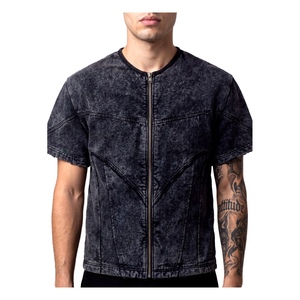 Mens Acid Wash Full Zip Short Sleeve Shirt Vintage <b>Distressed</b> Denim Look Crew Neck Slim Fit Casual Streetwear Summer <b>Top</b> - Product Image 3