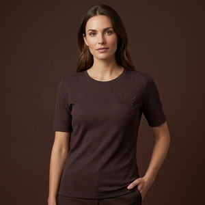 T-shirt en tricot à manches courtes pour homme, couleur brun foncé, col rond, avec logo d'aile en relief, coupe décontractée - Product Image 5