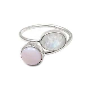 Natural Pink <b>Opal</b> & Rainbow Moonstone Gemstone Boho <b>Ring</b> In 925 Sterling <b>Silver</b> Handmade Two-Stone Twister Stackable <b>Ring</b> - Product Image 1