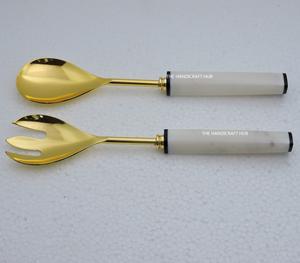 Servidor de ensalada estilo dorado, juego de servidores de ensalada de metal con mango de mármol blanco, de lujo, para mesa, uso en hoteles y hogares. - Product Image 3