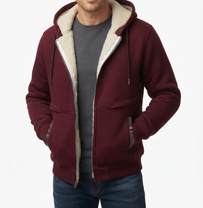<b>Men's</b> <b>Burgundy</b> Hooded Fleece Lined Pullover Sweatshirt Casual Winter Wear Loose Fit Solid Color Knitted Jacket Waterproof - Product Image 1