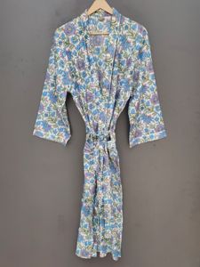 Bata Kimono con Estampado Botánico Azul y Rosa, Hecha a Mano con Técnica de Bloqueo, con Cinturón - Product Image 1