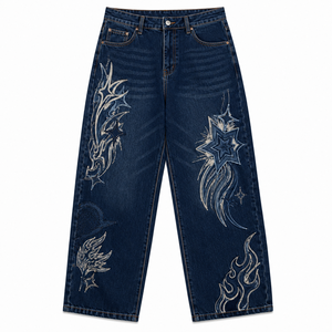 Women's <b>Embroidered</b> Breathable Wide Leg <b>Jeans</b> Mid Waist Loose Fit 100% Cotton Denim Vintage Simple Casual XL OEM ODM - Product Image 6