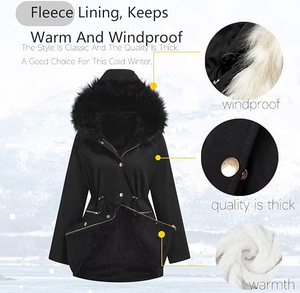 Unisex Black <b>Hooded</b> Printed Breathable <b>Long</b> <b>Puffer</b> <b>Jacket</b> Windproof Zipper Closure Casual Winter Wear Polyester Wadding Fur Trim - Product Image 2