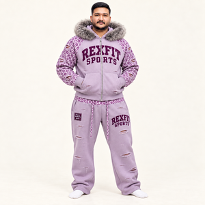 Conjunto de Sudadera con Capucha Morada para Hombre REXFIT SPORTS, Ropa Casual de Invierno de Forro Polar con Cuello de Piel y Diseño Desgastado - Product Image 1