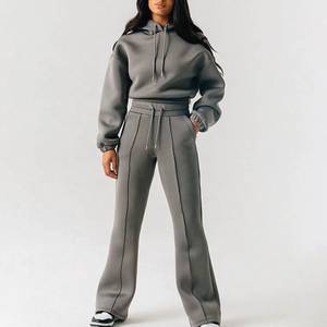 Women's Hooded Cropped <b>Sweatshirt</b> Set Solid Color Knitted Full <b>Sleeve</b> Zipper Design Winter Casual Style Polyester Drawstring - Product Image 6