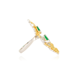14K White <b>Gold</b> Art Deco Emerald and Yellow Diamond <b>Cocktail</b> <b>Ring</b> - Product Image 6