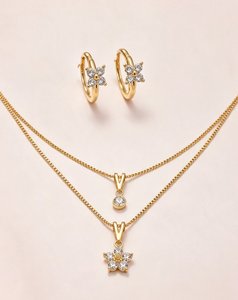 925 Sterling <b>Silver</b> CZ Floral Double-Layer Necklace and Hoop Earrings <b>Jewellery</b> Set for Women Minimalist Design Everyday Wear - Product Image 3