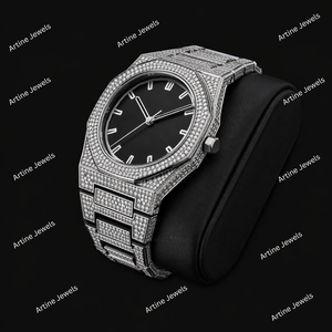 Montre octogonale argentée avec cadran noir, lunette en cristal, montre de luxe moderne et élégante, cadeau éclatant pour homme - Product Image 2