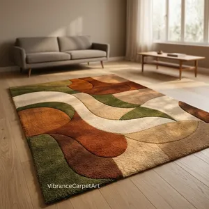 Tapis rectangulaire moderne abstrait en laine et acrylique, tufté, moelleux, antidérapant, style mid-century pour salon - Product Image 3