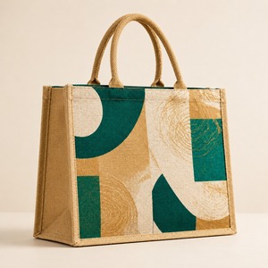 Sac fourre-tout de plage en jute à imprimé géométrique, fermeture éclair, longue poignée en corde, logo personnalisé, cadeaux d'entreprise, réutilisable pour le shopping - Product Image 1