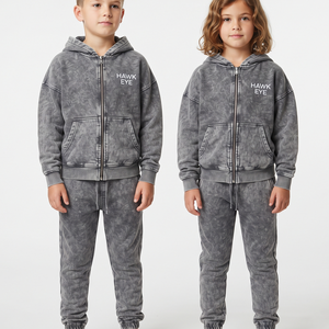 Conjunto Deportivo de Dos Piezas para Niños, Color Sólido, Lavado Ácido, Algodón de Alta Calidad, Ropa Casual Unisex - Product Image 6