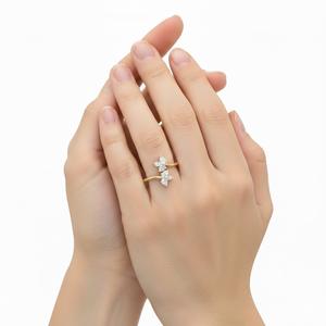 Anillo Abierto Ajustable de Oro Puro de 14K y 18K con Diamantes Cultivados en Laboratorio, Diseño Floral de 2 Marquesas, Estilo Moderno para Mujer - Product Image 4