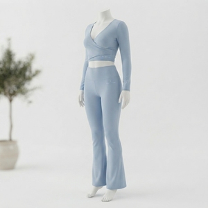 <b>Women</b> Light Blue Wrap Crop Top Yoga Set High Waist <b>Flare</b> <b>Leggings</b> Gym Fitness Workout Activewear Two Piece Set - Product Image 2