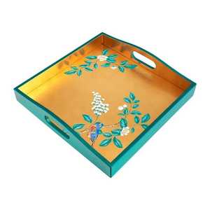 Luxury Hand Painted Meena Floral Metal Serving <b>Tray</b> <b>Decorative</b> Tea Coffee <b>Tray</b> with Handles - Product Image 1