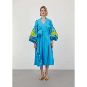 เดรสผ้าฝ้ายสีน้ำเงินสำหรับผู้หญิง แขนทรงบอลลูนปักลาย คอวี ผูกเอว พู่ห้อย สไตล์โบฮีเมียนลำลอง - Product Image 5