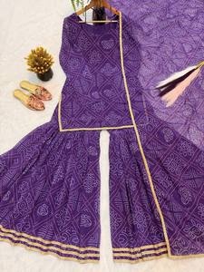 Ensemble Kurta en rayonne brodée violette avec pantalon palazzo évasé, tenue traditionnelle indienne et pakistanaise pour femme, coupe ample longueur ras du sol, Diwali - Product Image 5