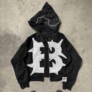 Sweat-shirt à capuche zippé respirant en polaire noir pour homme avec logo lettre blanche appliqué sur le devant, manches régulières, style tricoté hiver - Product Image 4