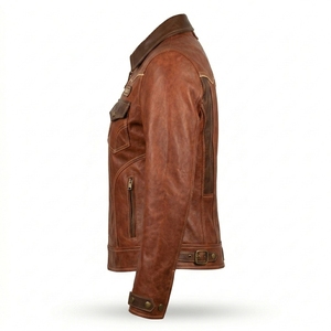 Vintage Cognac Brown Western Real <b>Leather</b> Jacket Womens Contrast Piping Yoke Flap Pocket <b>Shirt</b> Collar Outerwear Coat - Product Image 4