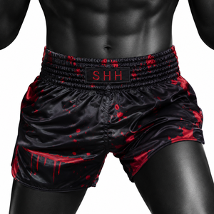 Shorts de combat athlétiques pour hommes en satin noir et rouge 2026, séchage rapide, 160g, pour Muay Thai, Kickboxing, MMA, Boxe, entraînement et sport de combat - Product Image 3