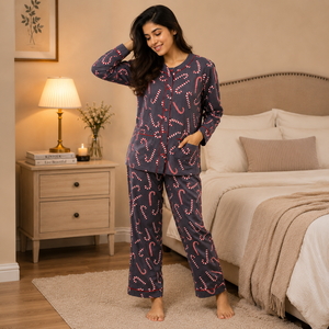Ensemble de pyjama en coton imprimé canne à sucre pour femme, décontracté, été, Noël, manches longues, doux, vêtements de nuit, fournisseur OEM ODM en gros - Product Image 3