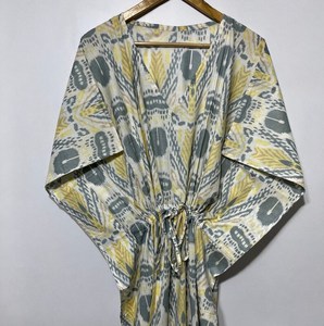 Nuevo Kaftán Naaz Textile con Estampado Animal, Cuello en V, Cordón Ajustable, Manga Corta, Corte Evase, Algodón Suave Indio, Encaje, Largo Completo, para Mujer - Product Image 1