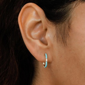 14k Gold Turquoise Enamel Hoop <b>Earrings</b> Baguette Diamond Lever <b>Back</b> Dainty Colorful Fine Jewelry Elegant Art Deco Inspired Gift - Product Image 2