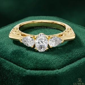Oval Cut Lab Grown Diamond Luxury Engagement <b>Ring</b> 9K 10K 14K 18K Yellow Gold Pear Side <b>Stones</b> Wedding Gift Women IGI Certified - Product Image 1