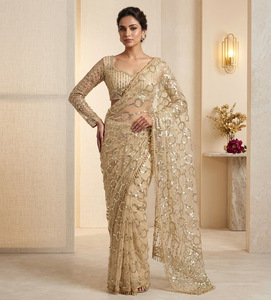 Sari indien élégant en soie beige avec broderies dorées et paillettes, tenue de mariage pour femme, longueur au sol, coupe classique, toutes saisons - Product Image 1