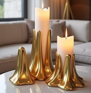 Modern Metal <b>Candle</b> Holder <b>Set</b> Irregular Shape Gold Finish Tabletop Decor Living Room Home Accent Art Sculpture - Product Image 1