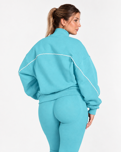 Conjunto de chándal de dos piezas para mujer al por mayor: Chaqueta con cremallera y contraste de líneas, pantalón de pierna ancha de ajuste relajado, ropa a juego. - Product Image 4
