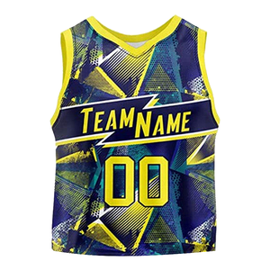 Ensemble de maillots de basket-ball sublimés personnalisés, col en V, sans manches, imprimé géométrique, évacuation de l'humidité, extensible dans quatre directions, respirant, athlétique - Product Image 3