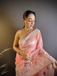 Sari indien Fatema Fashion en pur organza de soie, bordure ajourée, entièrement brodé, pour fêtes et festivals, lavable en machine, multi-fils, indien - Product Image 6