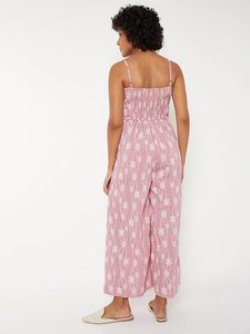 Women's Pink Floral Print Spaghetti Strap <b>Jumpsuit</b> Full Length Loose Fit Casual Spring Summer Wear <b>With</b> <b>Pockets</b> - Product Image 2